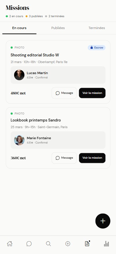 Écran « Missions » de l'app Nonchalance — suivi des missions et paiements